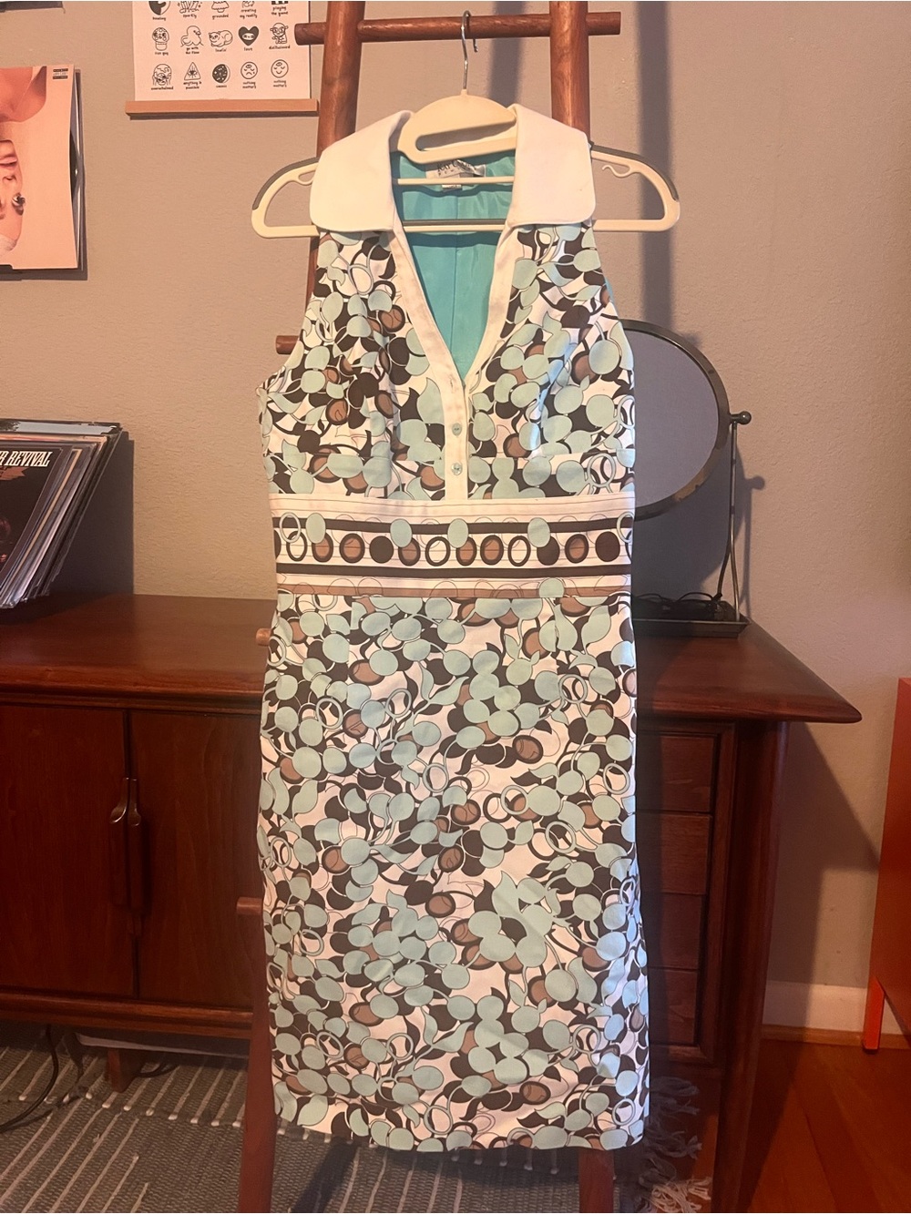 Kay Unger New York Vintage Y2K Stretch Retro Midi Dress Size 8 white mint brown